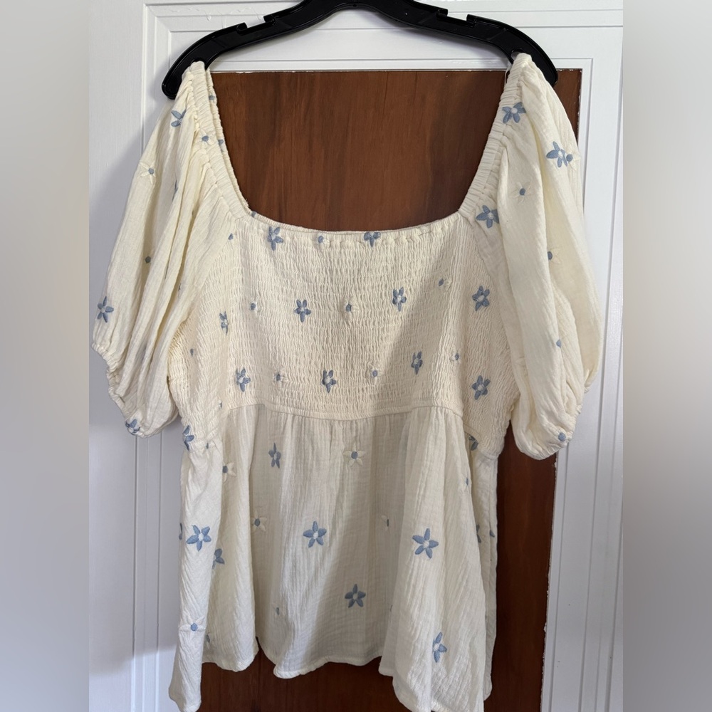 ARULA Cream Top with Blue Floral Embroidery
